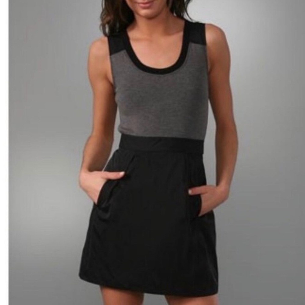 Theory Womens Mixed Media Sleeveless Mini Dress Grey Black Size 10 Pockets Zip - Picture 1 of 12
